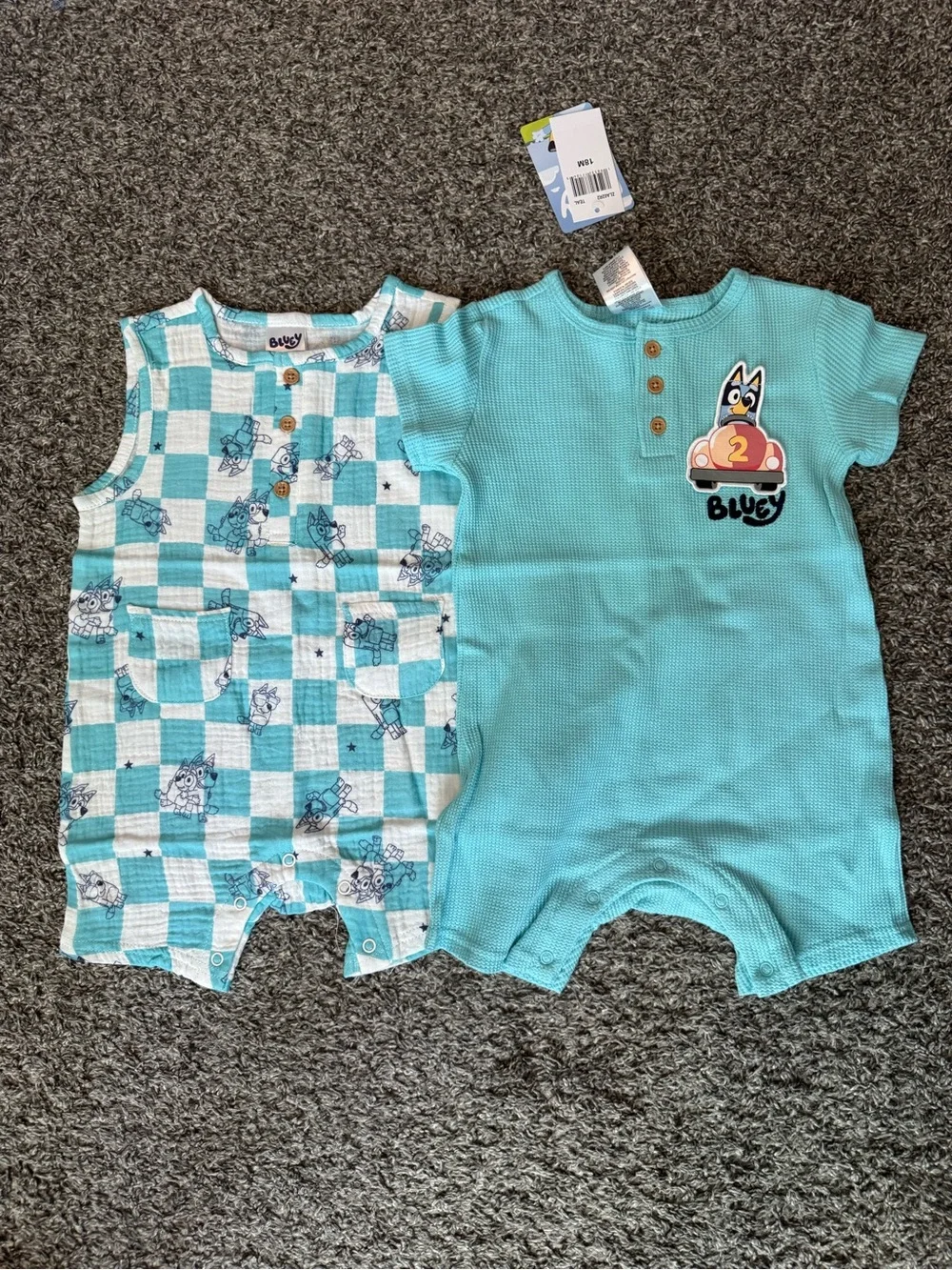 Bluey Baby Romper Set - Aqua Checker & Solid Aqua